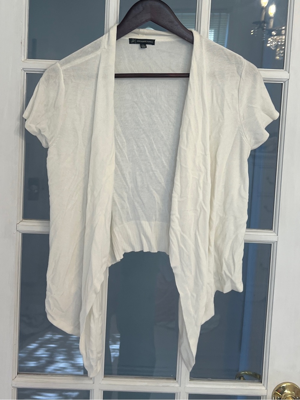 ADRIANNA PAPELL Women’s White Short Sleeve Open Cascade Front Cardigan Sweater